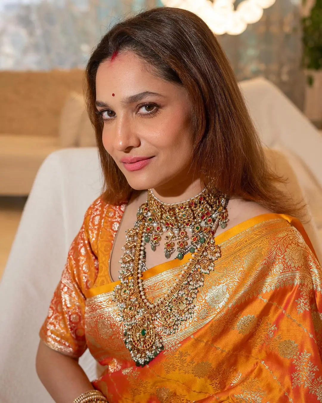 Marathi Actress Ankita Lokhande Stills in Orange Saree